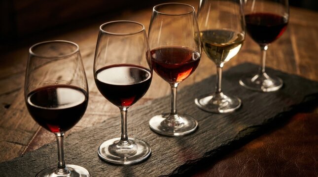 Parametric translucent Wine tasting flight dark surface with fluid iridescent curves and soft architectural reflections
