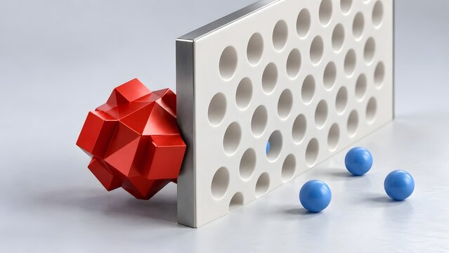 Perforated security filter wall blocking a large red geometric threat while allowing smooth blue spheres to pass through for data filtration
