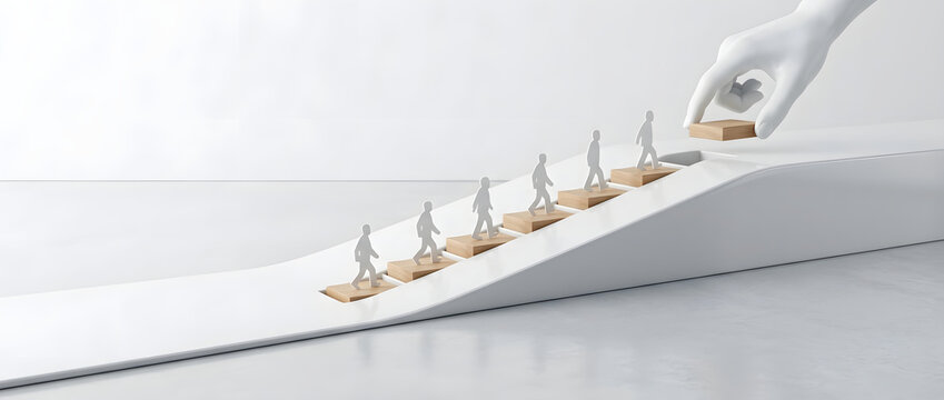 A conceptual 3D illustration depicting a guiding hand placing a building block to help a line of miniature people ascend a ramp, symbolizing progress and guidance