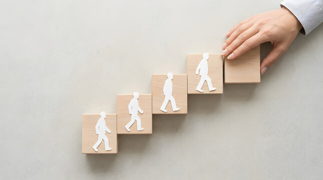 A hand is placing a block in a staircase of blocks, with stick figures walking up the blocks, representing career advancement and success