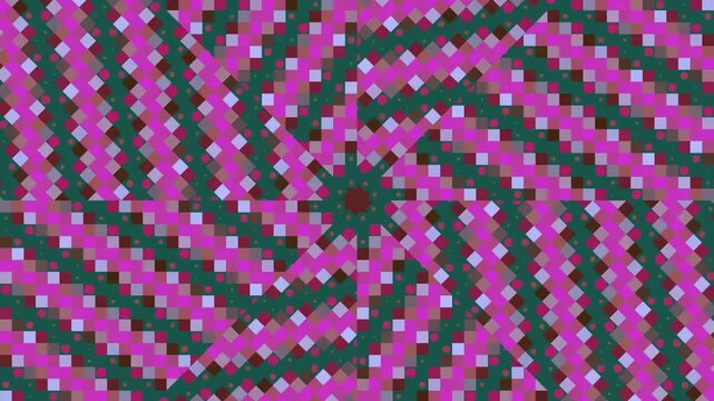 Abstract geometric mosaic rotating in spiral pattern with green and pink squares