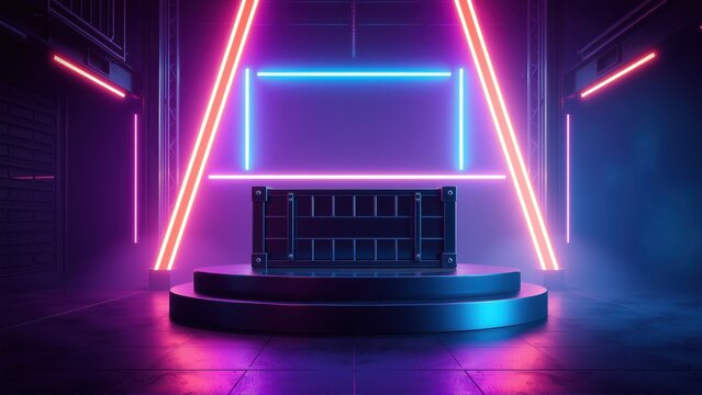 Dark room features glowing neon lights framing empty stage. Platform holds server rack amid smoky haze. Futuristic presentation setup.