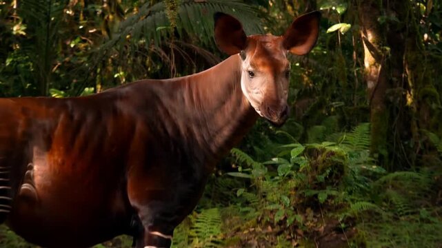 Okapi walking through sunlit rainforest clearing with striped legs, 4K