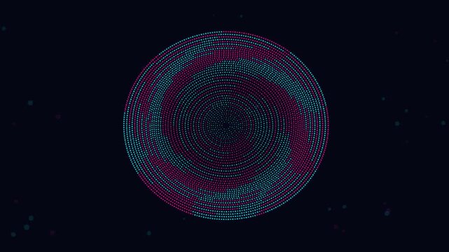Mesmerizing digital circle swirl vortex animation with glowing geometric dot patterns