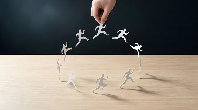 A hand carefully places a paper runner into a circle formation, symbolizing leadership and team coordination. The figures are arranged on a wooden surface against a dark background.