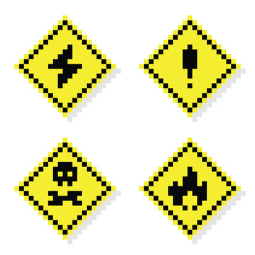 Pixel Art Warning Signs Collection with Traffic Safety Symbols