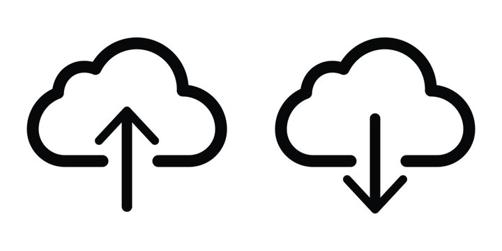Cloud upload and cloud download icons in minimal black outline vector illustration. cloud storage icon set useful for file management, data transfer and download UI vector