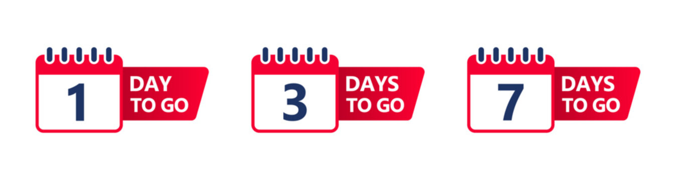 Day to go countdown badge with 1, 3, 7 days. Transparent vector