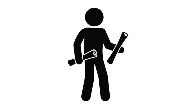 Black stick figure architect holding architectural blueprints securely inside modern office building environment