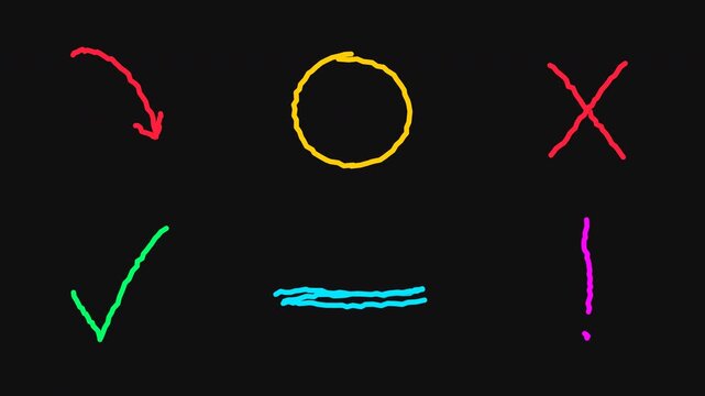 Modular 4K pack of animated hand-drawn marker elements (arrow, circle, underline, cross, checkmark, exclamation) with stop-motion boiling effect on transparent background.