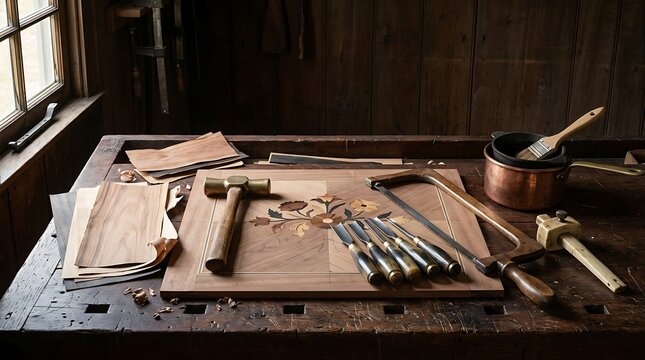 Wood Marquetry inlay panel surrounded by chisels hand saw and brass hammer on workbench.