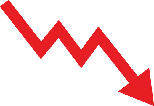 Bright red zigzag arrow pointing downwards representing decline or financial loss with downward market drop