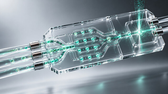 3D microfluidic single-cell mass spectrometry lab-on-a-chip concept, translucent elastomer microchannel with glowing single-cell ionization sorting node with copy space