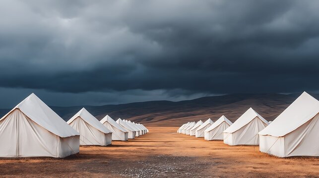 A row of white canvas tents set on a barren landscape under a dark, stormy sky with distant hills in the background.