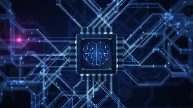 Futuristic microchip with a glowing brain graphic and complex digital circuit board tracks