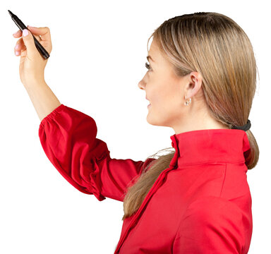 Woman in red shirt writing with a black marker on a blank white surface