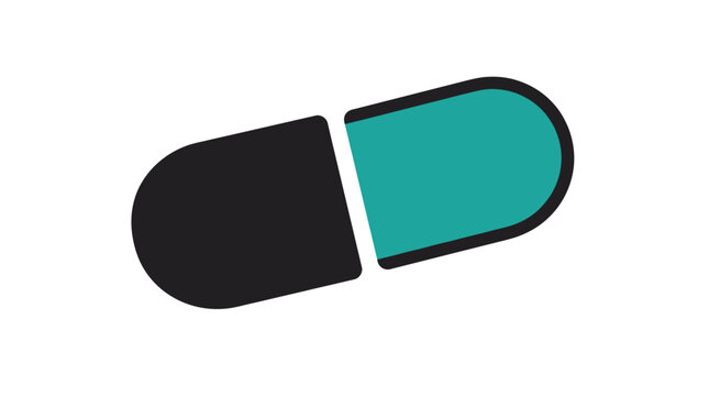 Modern medical pill capsule vector icon illustration featuring vibrant turquoise and dark grey colors