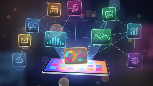 Futuristic tablet projecting colorful holographic application icons and data charts
