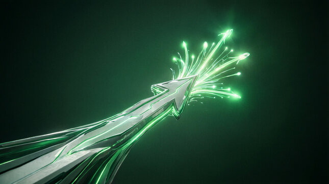 Arrow growth success, a metallic upward arrow splits into glowing points representing financial progress and digital innovation in a dark background