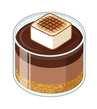 2D vector illustration of chocolate s'mores dessert cup with toasted marshmallow topping isolated on white background
