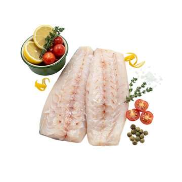 Two fresh raw white fish fillets arranged neatly alongside a small green bowl filled with lemon slices, cherry tomatoes, and fresh herbs, accompanied by peppercorns and coarse sea salt