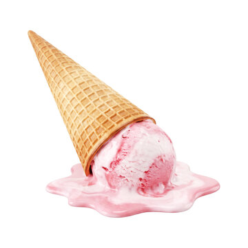 Dropped and melted strawberry vanilla swirl ice cream waffle cone isolated on transparent background