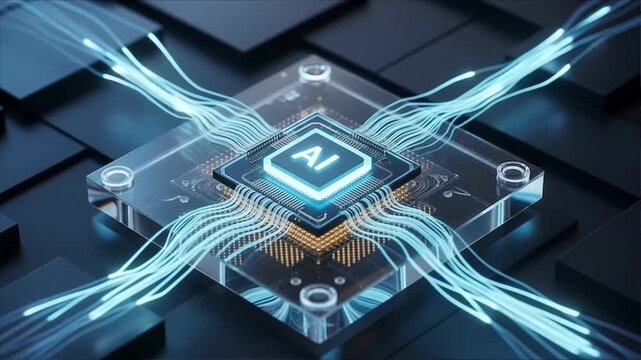 Advanced AI processor chip protected by a transparent glass cover with glowing data threads microchip semiconductor electronics