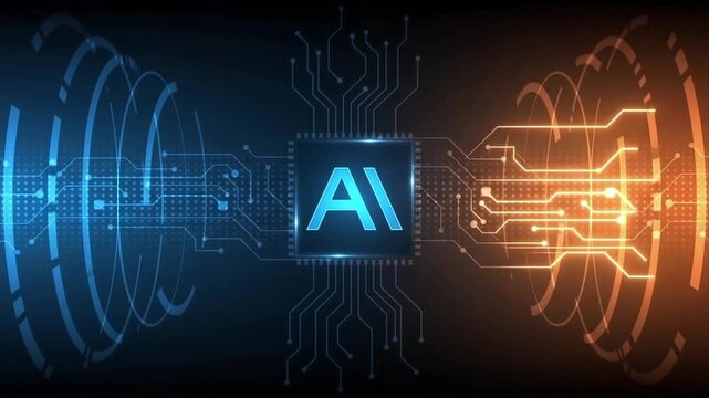 Ai digital processor symbol surrounded by holographic circular data streams microchip semiconductor electronics hardware