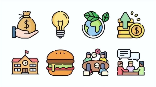 Set of colorful flat design icons representing business finance and education concepts a collection of stylized including money