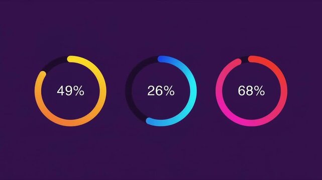 Three colorful circular progress bar charts with percentage indicators on a dark background chart graph circle percent data