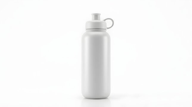 White reusable water bottle with sport cap against plain backdrop