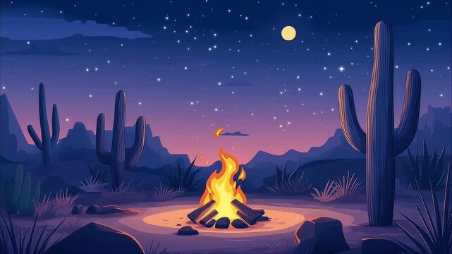 Blazing campfire burning in desert landscape with saguaro cacti under starry night sky and full moon a tranquil scene