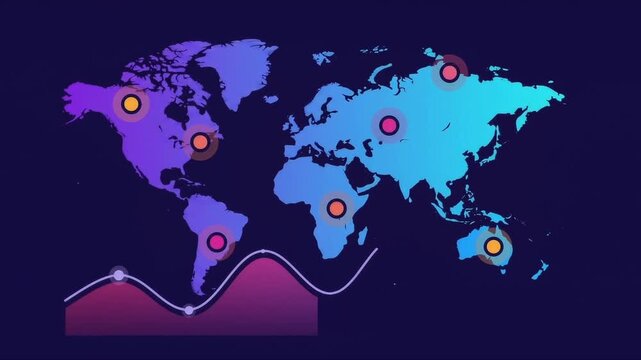 Digital world map graphic animation with connection location markers on dark background earth continent geography globe technology