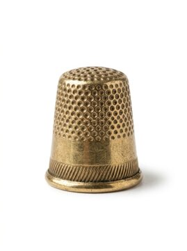 Golden brass thimble with perforated top and textured base against white background