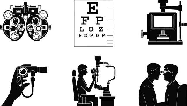 Ophthalmology black silhouette icons set features various eye exam tools and patient consultations for vision care.