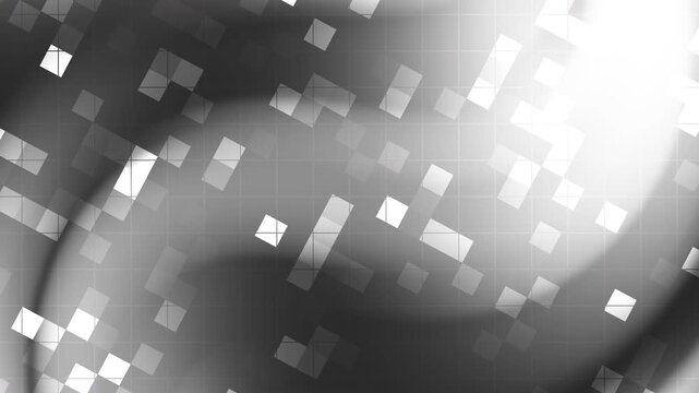 Glowing white and black gradient background pixelated squares cross monochromatic gradients, creating an abstract backdrop for technology, gaming, presentations, banners, and modern branding.