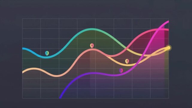 Multi-colored trend lines moving across a digital grid background abstract data visualization displaying colorful fluctuating