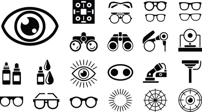 Optometry and ophthalmology vector icons including various eyeglasses, medical devices, and eye drop bottles for vision care.