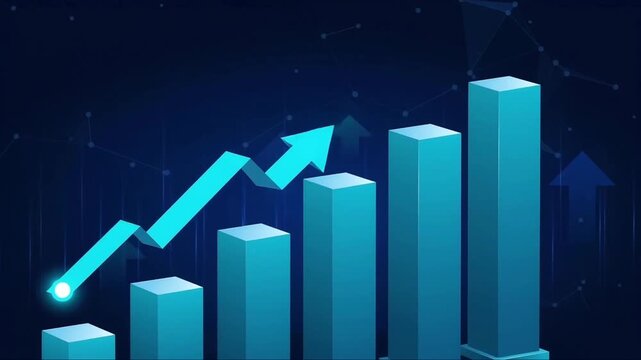 Rising bar chart with neon arrow indicator for financial data analysis a digital interface display of an upward trending graph