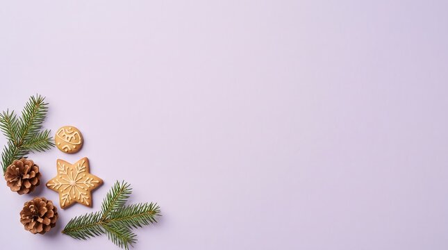 Christmas cookies pinecones and evergreen branches on a lilac background festive flatlay
