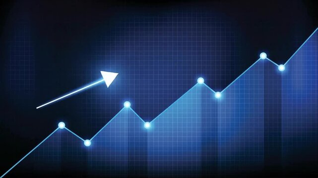 Blue digital line graph showing upward financial growth against a dark grid background a glowing chart rises steadily