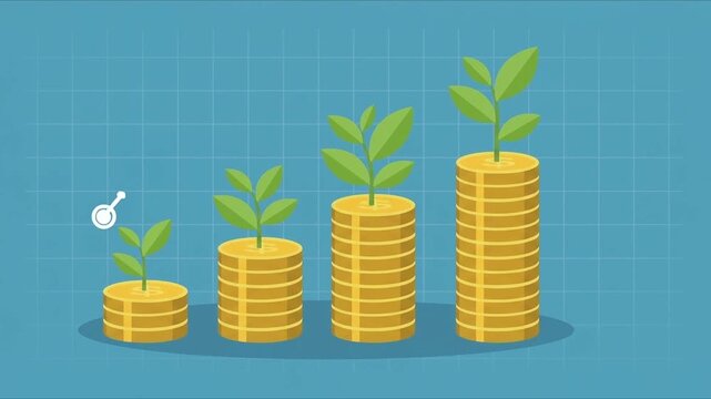 Growing stacks of gold coins with sprouting green plants representing financial investment conceptual illustration showing