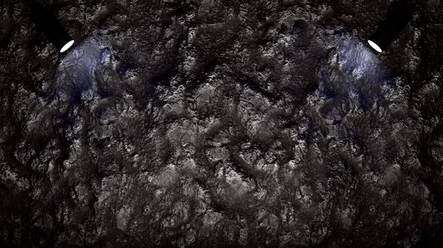 4K loop animation video of a rough dark textured rock surface with uneven patterns highlighted by two focused white spotlights creating dramatic light and shadow contrast with empty copy space