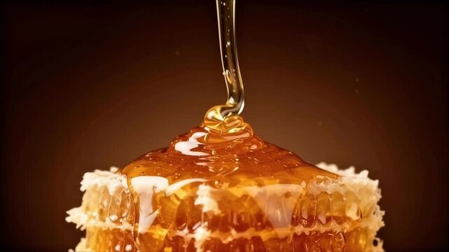Golden honey pouring onto a honeycomb stack in macro close up view bee nectar sweet food hive