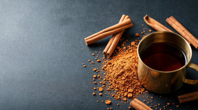Hot cider in a brass cup surrounded by scattered ground mace and cinnamon sticks on a dark surface