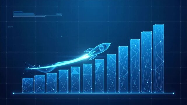 Dynamic digital bar chart showing growth trends with connected nodes on blue background a technological graph visualization