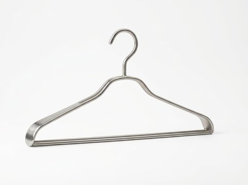 Metal clothing hanger with curved hook against plain white background