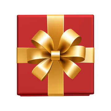Luxury red gift box with gold ribbon bow isolated on transparent background