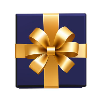 Luxury navy blue gift box with gold ribbon bow isolated on transparent background