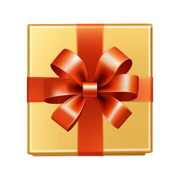 Luxury gold gift box with red ribbon bow isolated on transparent background